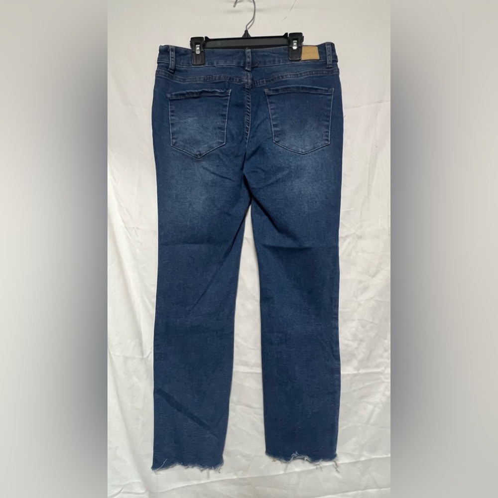 Tahari Olivia Classic Mid Rise Slim Straight Leg Jeans in Deep Blue w/ Raw Hem - Picture 5 of 10